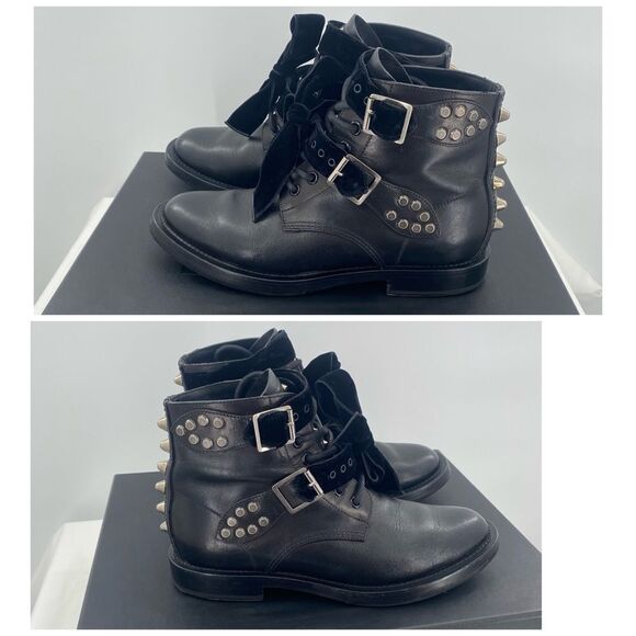 SAINT LAURENT Spike Studded Black Leather Combat Ankle Boots - Picture 5 of 12